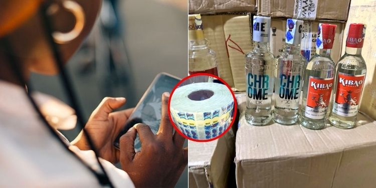 A photo collage of a lady using a mobile phone (left) and a photo counterfeit alcoholic drinks with fake KRA stamps. photo/courtesy.
