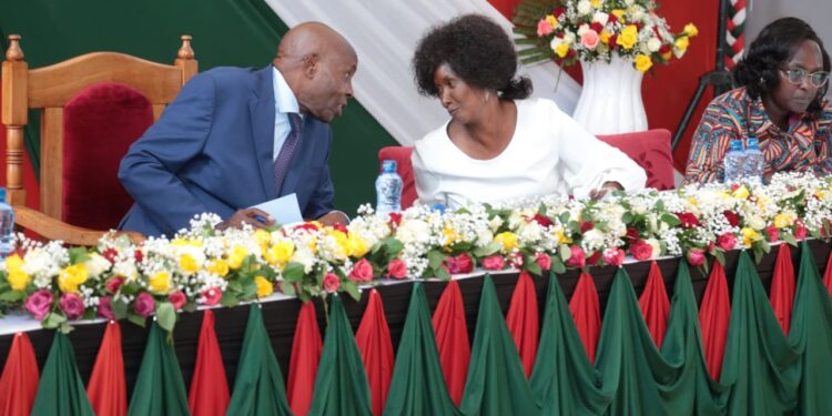 Education Cabinet Secretary Ezekiel Machogu (left) and TSC CEO Nancy Macharia during the release of the 2023 KCSE exam at Moi Girls High School, Eldoret, on January 8, 2023.