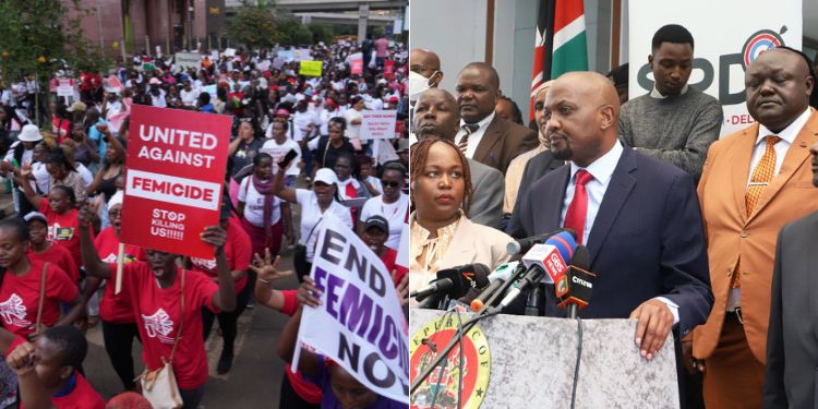 A photo collage of Public Service Cabinet Secretary Moses Kuria giving a past address (right) and a photo of women protesting against femicide in Nairobi on January 27, 2024.