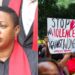 A side-to-side photo of nominated MP Sabina Chege and a photo of people protesting against rise of femicide cases.