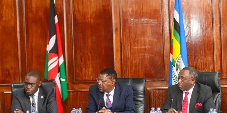 National Assembly Speaker Moses Wetang'ula with Nairobi Governor Johnson Sakaja during the meeting to secure the Parliament Houses.