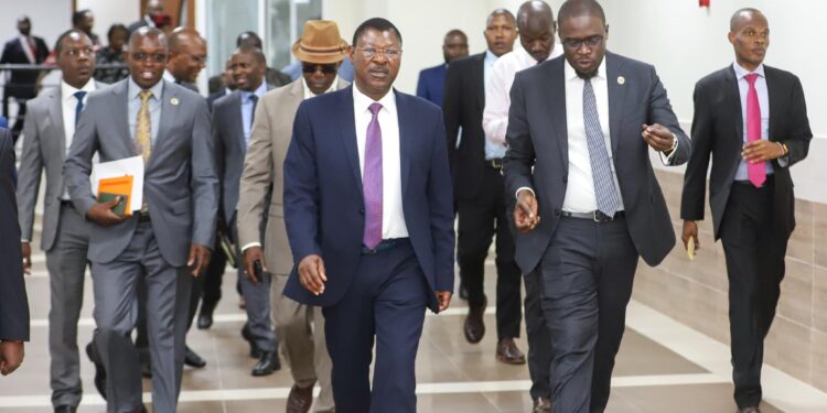 National Assembly Speaker Moses Wetang'ula with Nairobi Governor Johnson Sakaja during the meeting to secure the Parliament Houses. PHOTO/Parliament.