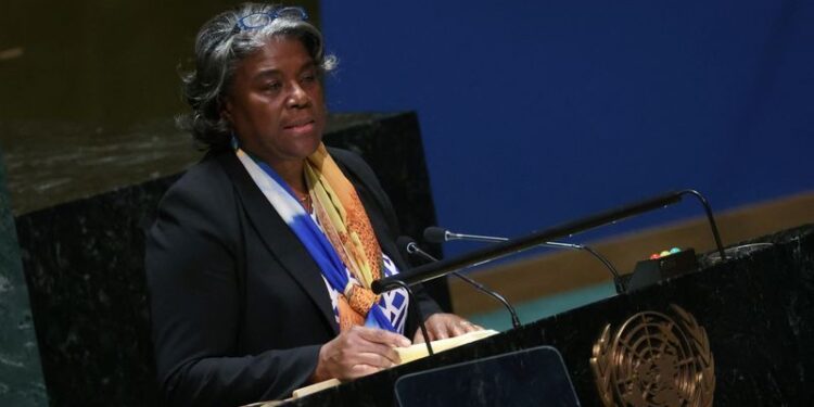 U.S. Ambassador to the United Nations Linda Thomas-Greenfield addresses the United Nations General Assembly.