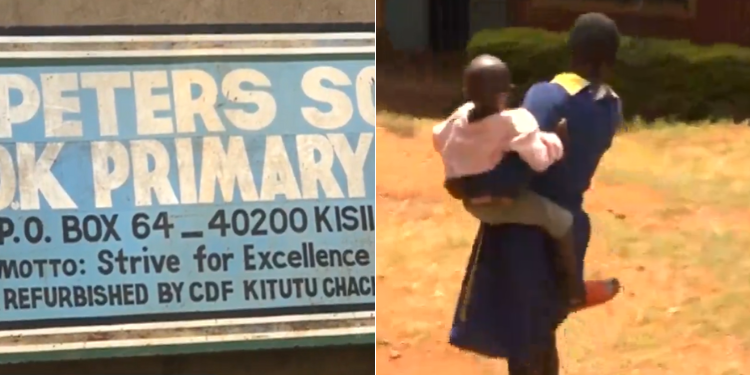 A collage photo of St Peter Soko Primary and school going child taking care of her sibling.