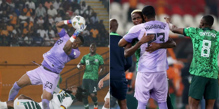 A collage photo of Nigeria goalkeeper Stanley Nwabali saving a penalty shootout ang Victor Osimhen Celebrating.
