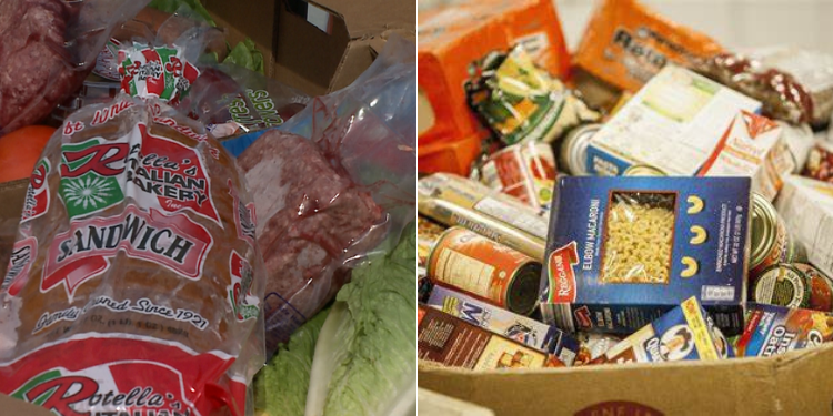 A collage photo of food donated during a food drive.