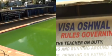 A collage photo of Visa Oshwal Primary School swimming pool and the school's signpost. PHOTO/ Courtesy.