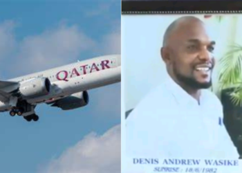 A photo of the late Andrew Wasike and a Qatar airline. PHOTO/Courtesy.