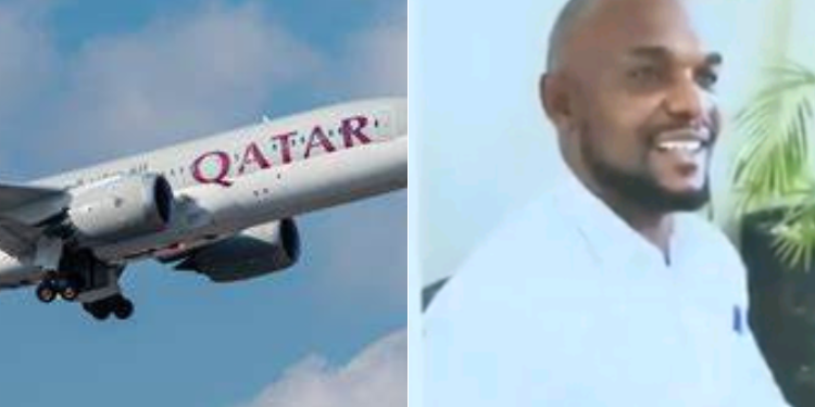 A photo of the late Andrew Wasike and a Qatar airline. PHOTO/Courtesy.