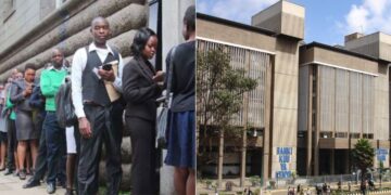 A side to side photo of Kenyans lining up for a past engagement and a photo of the Central Bank of Kenya.