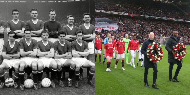 A side to side of the 1958 Manchester United team and a photo of Manchester United players marking the team's anniversary in the past.