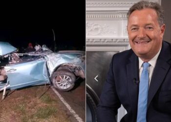 A side to side photo of Kelvin Kiptum's car involved in at Kaptagat and a photo of British media personality Piers Morgan.