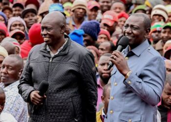 Deputy President Rigathi Gachagua 9left) and President William Ruto address a roadside rally in Kiambu on February 14, 2024.