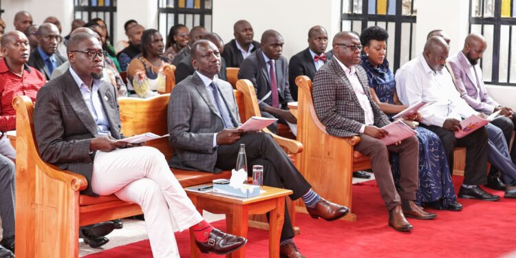President William Ruto with Nairobi Governor Johnson Sakaja during a church service at ACK Emmanuel Parish in Makadara, Nairobi on Sunday, March 24, 2024. PHOTO/PCS.