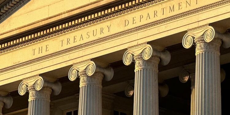 A Facade of US Treasury in Washington.
