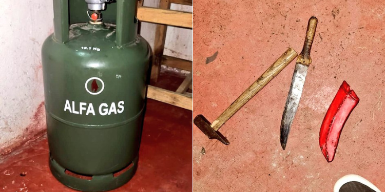 A gas cylinder stolen during the robbery and weapons used by the gang. PHOTO/DCI.