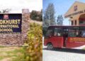 A colage showing Brookhurst School's entrance and one of its school buses.