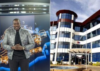 A photo collage of TV 47's Wabe XP host Willis Raburu and a photo of Standard Group's headquarters in Nairobi.