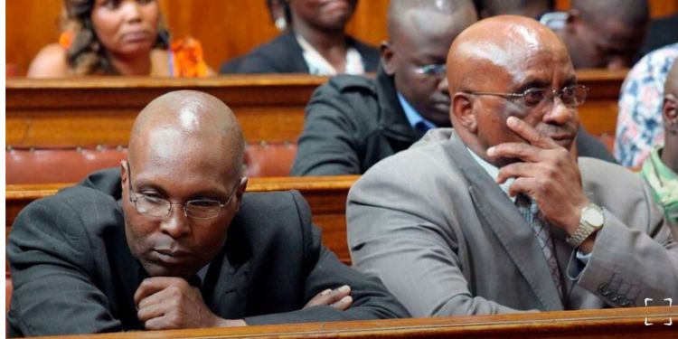 A past photo of Francis Muruatetu appearing in court (left) alongside Wilson Thirimbu Mwangi. 