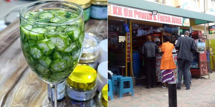 A collage of Okra soaked in water and an Uji Power shop in Nairobi. PHOTO/ Courtesy