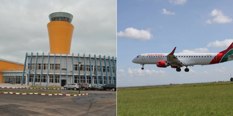 A photo collage of a KQ aircraft and a a photo of the Njili Airport in Kinshasa.