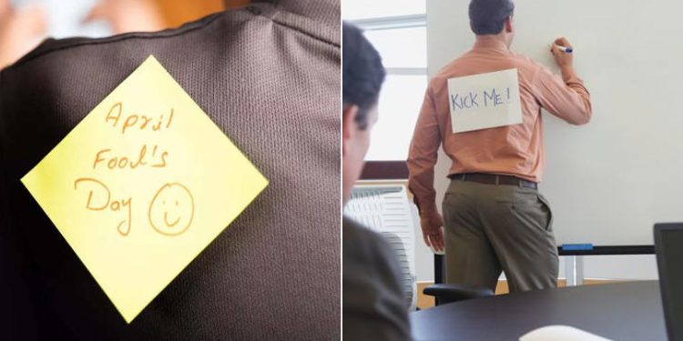 A collage of stickers placed on people's back on April Fools' Day. PHOTO/ Courtesy
