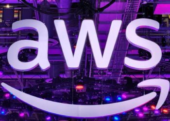 An AWS sign over the show floor at reinvent 2023 in Las Vegas. PHOTO/ Courtesy