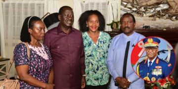 From left: NARC Kenya Leader Martha Karua, ODM Leader Raila Odinga, Kisumu West MP Rosa Buyu, and Wiper Leader Kalonzo Musyoka visit General Franci Ogolla's family to condole with members.