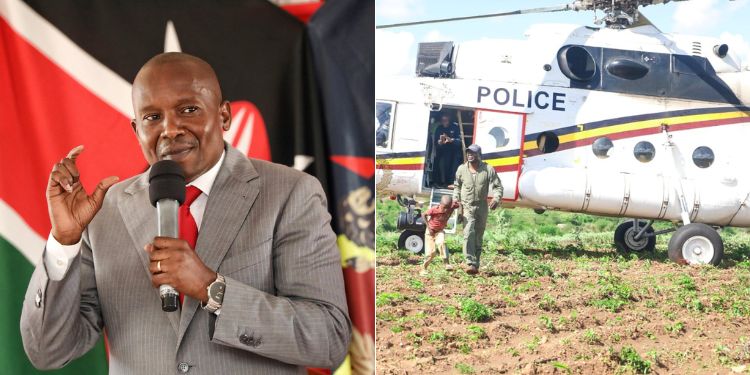 A photo collage of Interior CS Kithure Kindiki and a National Police chopper deployed to rescue a boy. photo/NPS