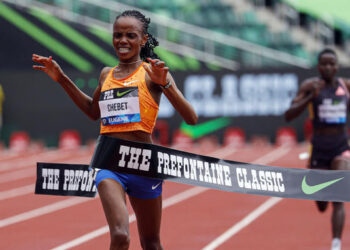Beatrice Chebet of Kenya, sets a world record in the 10,000 with a time of 28:54.14, during the Prefontaine Classic track and field meet Saturday, May 25, 2024, in Eugene, Ore. PHOTO/AP