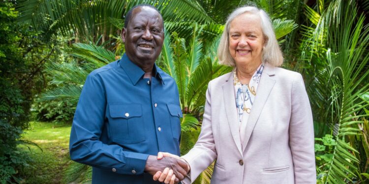 U.S. Ambassador to Kenya, Meg Whitman with Azimio leader Raila Odinga on May 3, 2024. PHOTO/Whitman X.