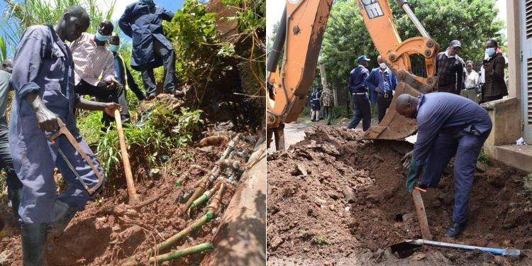 Nairobi City Water and Sewerage Company technical Staff disconnecting illegal water connections. PHOTO/NCWSC