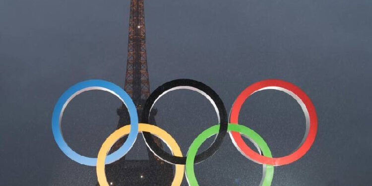 The Olympic rings are seen in a celebration of the International Olympic Committee's announcement that Paris will host the 2024 Olympic Games, at the Trocadero Square in Paris, France, on Sept. 13, 2017
