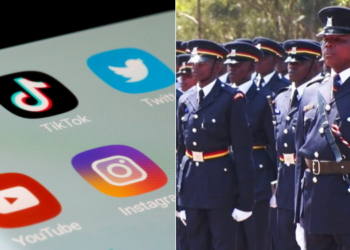 A collage of social media apps on a phone screen and Police officers in Kenya. PHOTO/ Courtesy