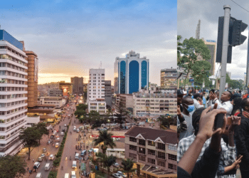 A side-to-side photo of Kampala City (left) and Kenyan youths on the streets of Nairobi in the recent protesting. Photo/Courtesy