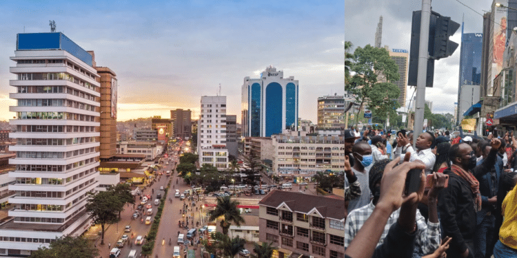 A side-to-side photo of Kampala City (left) and Kenyan youths on the streets of Nairobi in the recent protesting. Photo/Courtesy