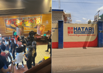 A side to side photo of Vincent Chepkwony seen allowing protesters inside Java House Kimathi street on June 18, 2024, and Hatari Security. Photo/Courtesy