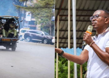 A photo collage of Nyali MP Mohammed Ali and a police vehicle pictured during the anti-government protests in Nairobi on July 16, 2024.