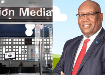 A photo collage of NMG CEO Stephen Gitagama and Nation Media Group towers in Nairobi CBD. PHOTO/Courtesy.