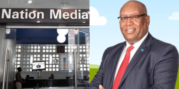 A photo collage of NMG CEO Stephen Gitagama and Nation Media Group towers in Nairobi CBD. PHOTO/Courtesy.