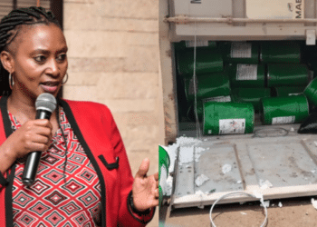 A side-to-side photo of Public Health and Professional Standards PS Mary Muthoni during a past address (left) and Chemical cans of overturned truck (right). Photo/Courtesy