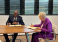 World Food Programme (WFP) Executive Director, Cindy McCain and Equity Group Managing Director and CEO, Dr. James Mwangi signing an Agreement to Enable Small Scale Farmers to Grow and Thrive. Photo/Hand out