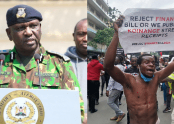 A side-to-side photo of Acting Inspector General of Police Douglas Kanja Kirocho (left) and Kenyan youths on the streets of Nairobi CBD protesting. Photo/Courtesy