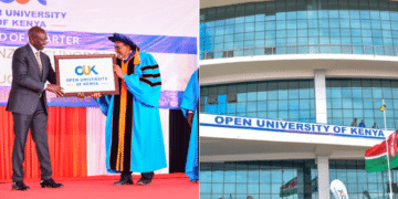A side to side photo of President William Ruto awarding charter to Open University of Kenya. PHOTO/MoE.