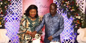 Ida Odinga and her husband Raila cut a cake at Villa Rosa Kempinski in Nairobi on August 24, 2023 at a party to celebrate her birthday and their anniversary.