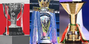 A photo collage of the La Liga trophy, the Premier League trophy, and the Serie A trophy. PHOTO/Atletico Madrid, Premier League & Juventus. Ronaldo